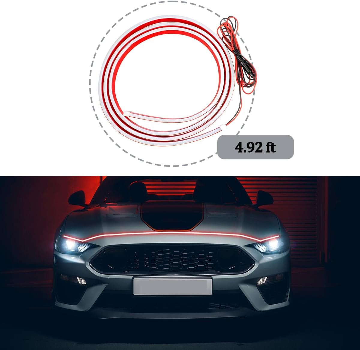 Car Hood Light Strip, 59 Inch 12V LED Flexible Waterproof Dynamic Scan Start Up Effect Daytime Running Lamp Strip, Auto Exterior Hoodbeam Lights Decoration, Universal for Vehicles (Red) image 2
