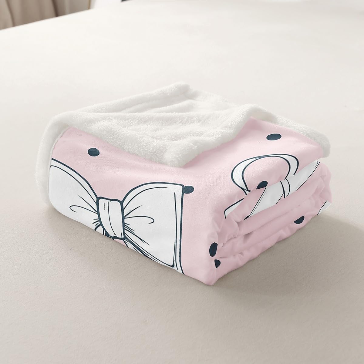 Bowknot Girls Fleece Flannel Blanket,Lovely Girly Polka dot Print Bed Blanket for Bed Sofa Couch,90"x90",Geometric Bow Tie Bed Plush Blanket,Kids Pink Lightweight Blanket