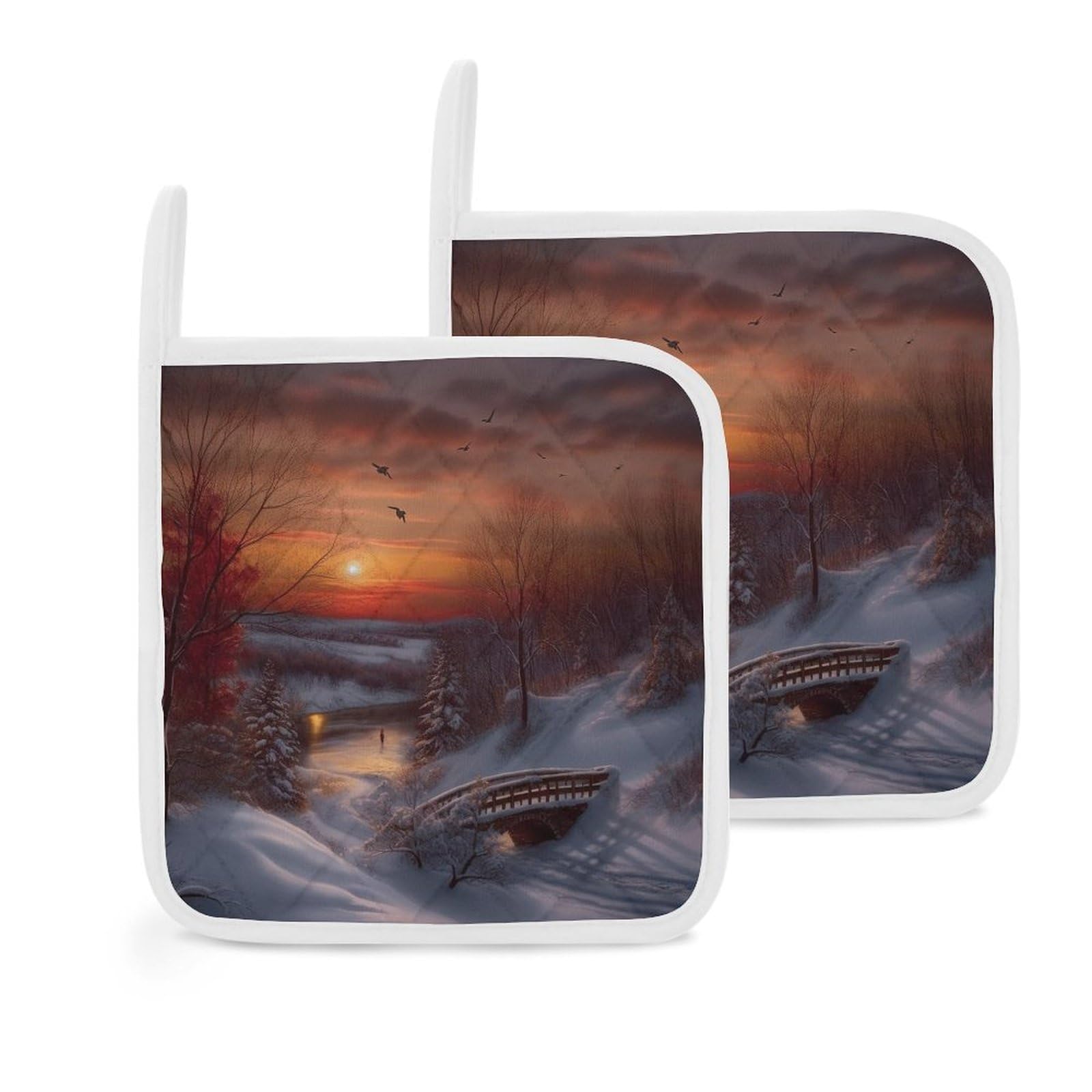 Pot Holders Set of 2 Kitchen Heat Resistant Potholders Winter Sunset Cotton Lining Oven Hot Pads for Cooking Baking BBQ Microwave Kitchen Accessories