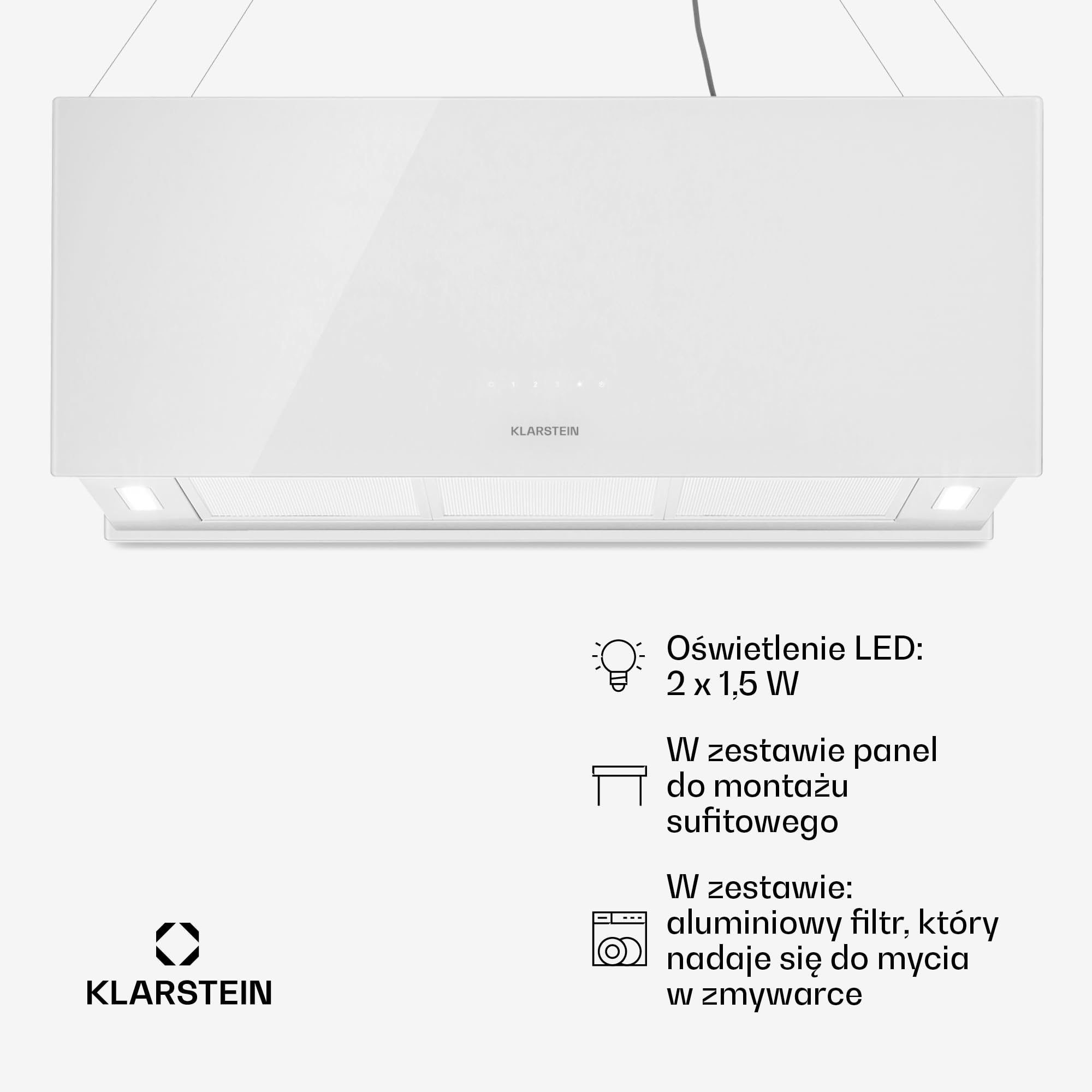 Klarstein Okap kuchenny, Okap wyspowy wiszący, wyciągowy/z recyrkulacją do montażu sufitowego, z 3 biegami, Timer, Przepływ 577m³/h i filtr węglowy, wyspowy sufitowy