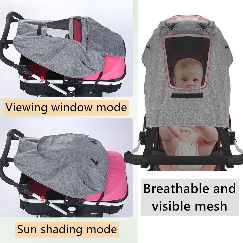 Pare-soleil Universel pour Poussette Auvent de Poussette Réglable Voile d'ombrage Landau Protégé du Soleil et du Vent Capote Ombrelle de Nacelle Imperméable Parasol Couverture de Soleil avec Hublot