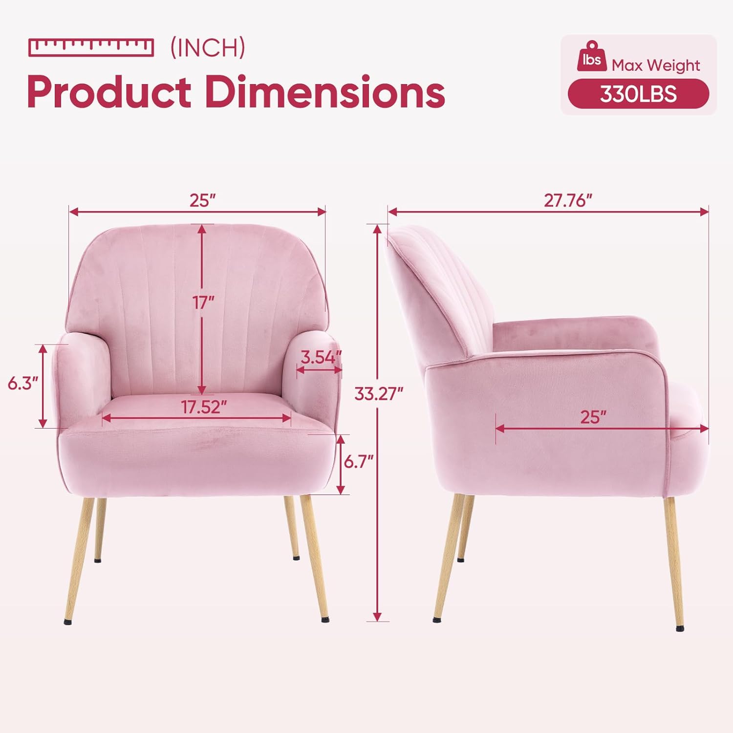 Velvet Accent Chair, Upholstered Modern Leisure Single Sofa Side Chair, Comfy Tufted Back Armchair with Metal Legs for Living Room/Bedroom/Office/Reading Room, Pink