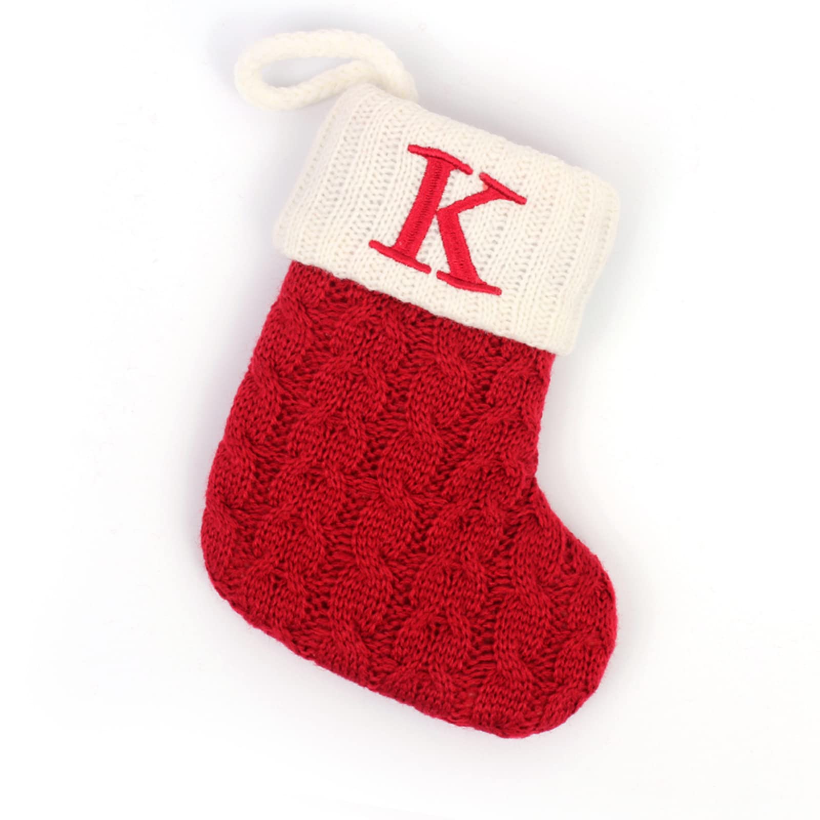 Initial Letter Christmas Stocking White Snowflake Knitted Christmas Tree Stockings Decorative Sock Hanging Ornament for Mantel Fireplace (Red K, 7inch)