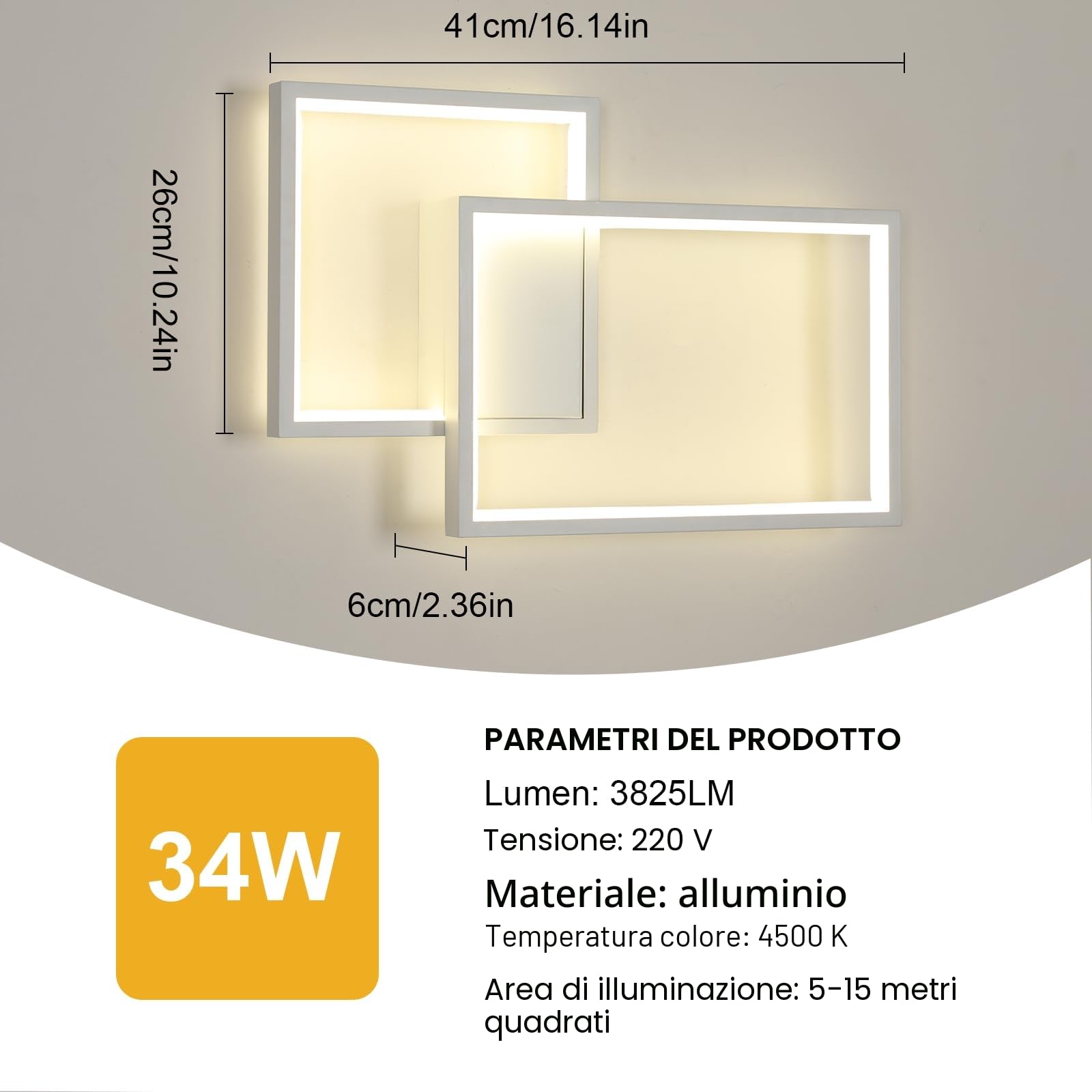 34W LED Applique da Parete Interno 41CM Lampada da Parete 4500K | 34W 3825LM Moderno Bianco Lampada a Muro in Alluminio per Camera da Letto Soggiorno Scale Corridoio, Luce Neutra 4500K