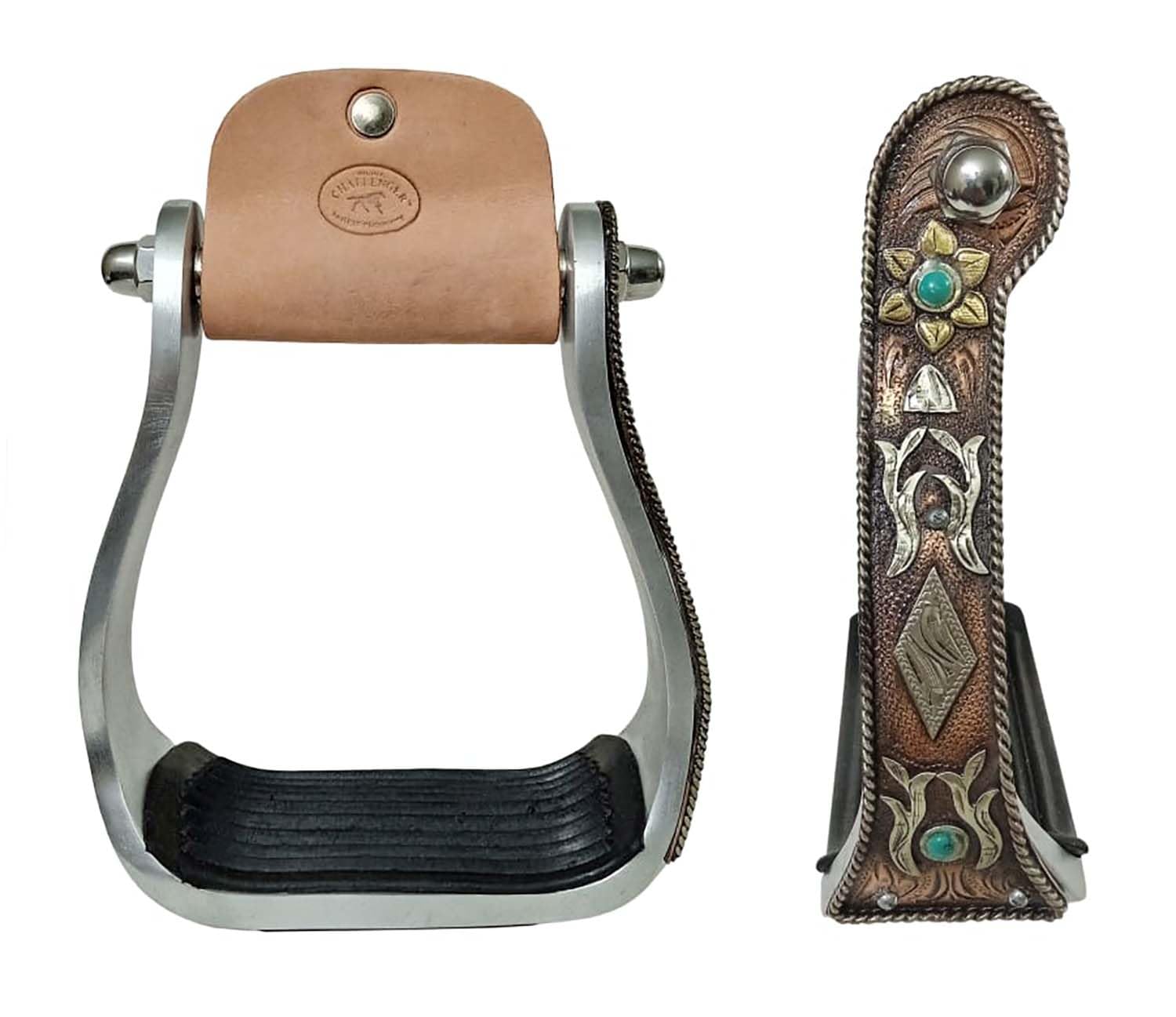 CHALLENGER Western Copper Engraved Floral Turquoise Rhinestone Barrel Racing Aluminum Stirrups 51251