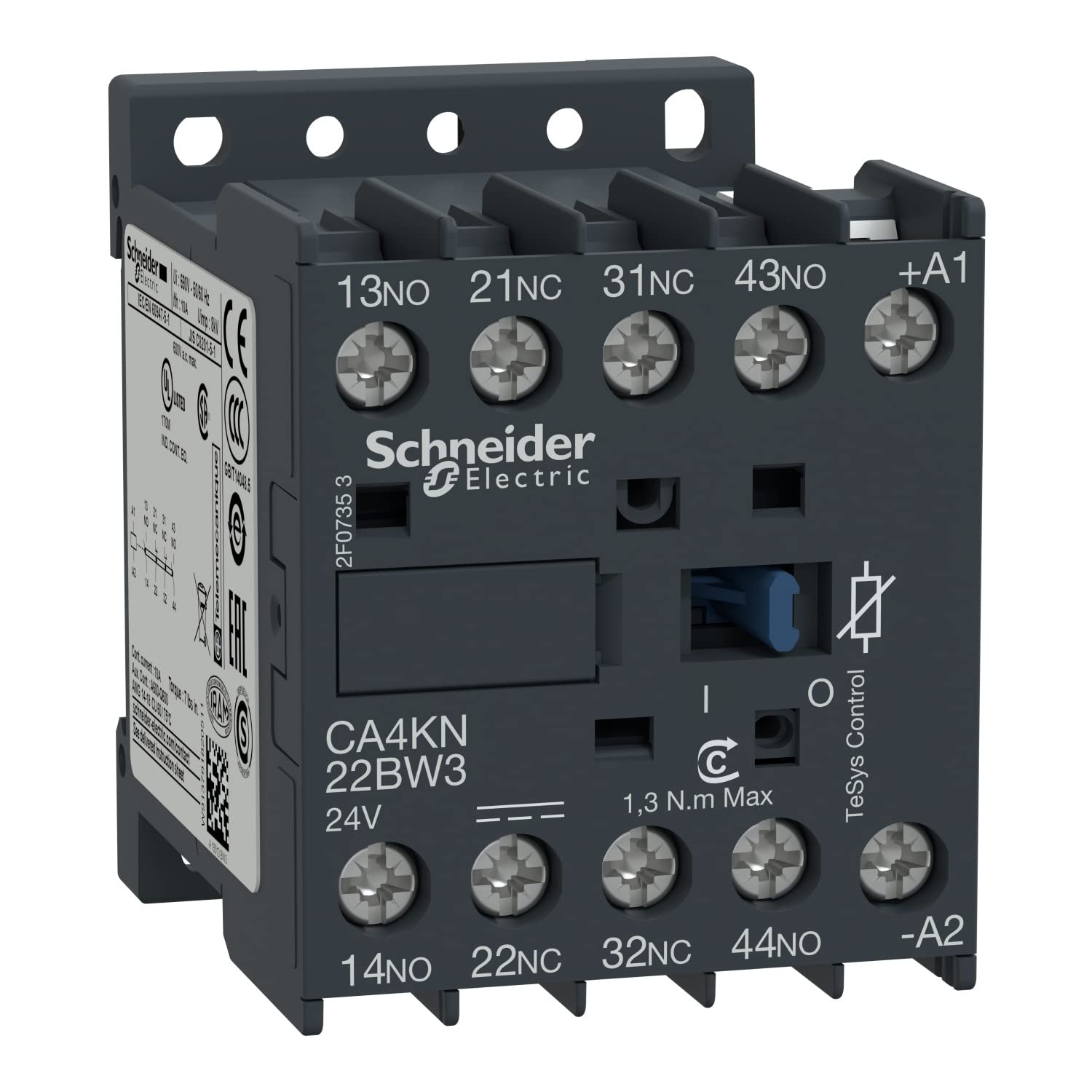 Schneider Electric CA4KN22BW3 Relé de Control TeSys CA4-​K, 2 NA + 2 NF, Instantáneo, 10 A, 24 V CC