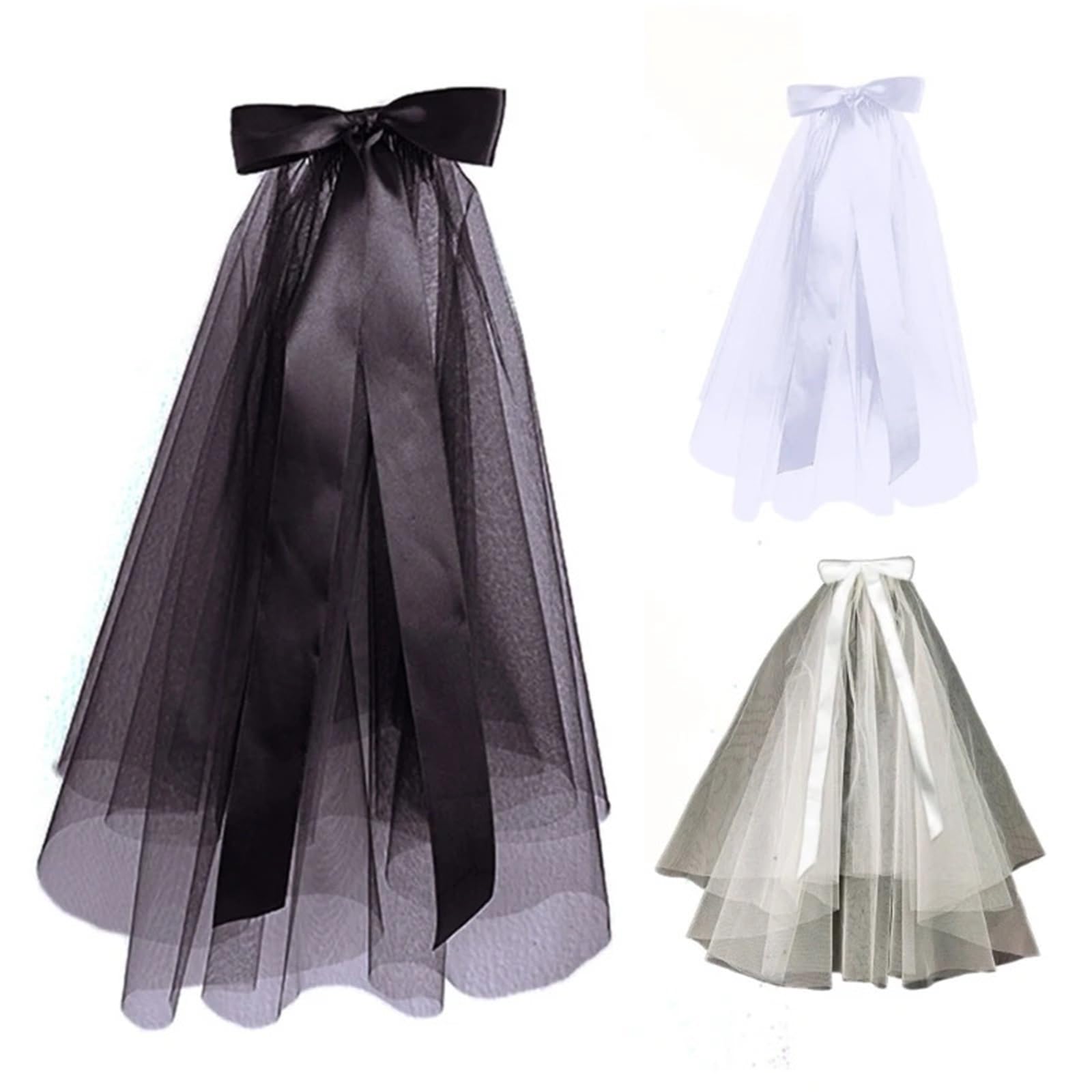 Velo da sposa corto bianco beige nero con bordo a nastro, elegante accessorio da sposa for donna, velo da sposa corto con fiocco decorativo ，Veli da sposa(Rice)