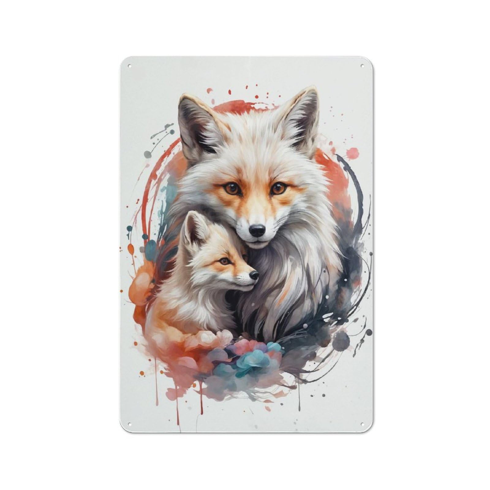 Vintage Tin Sign 30x20cm Featuring Fox Family Watercolor, Porch Wall Decor for Patio Bar, Workshop, Shed Or Kitchen