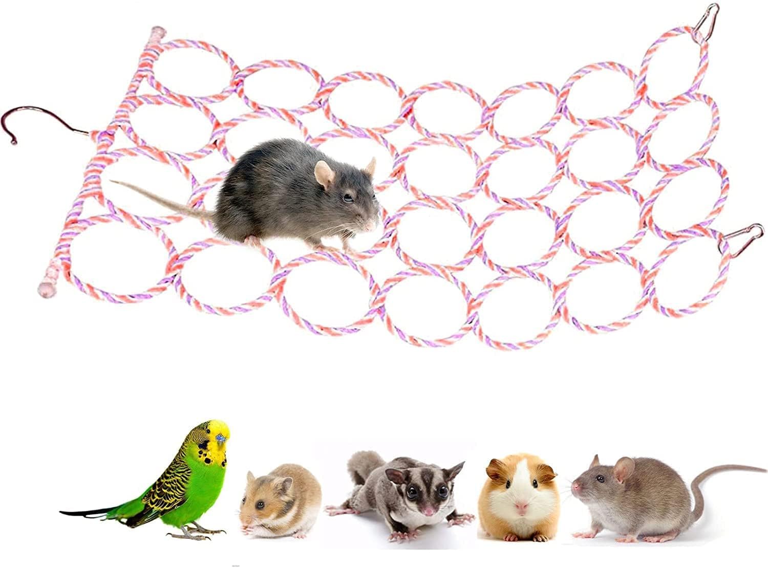 Jevnd 1Pcs Rat Climbing Rope Net Toy for Cage, Bird Hemp Rope Perch Swing, Ladder Rope Bridge Hanging Hammock, Small Animal Activity Toy for Mouse, Mice, Parrot, Bird (Random Color)