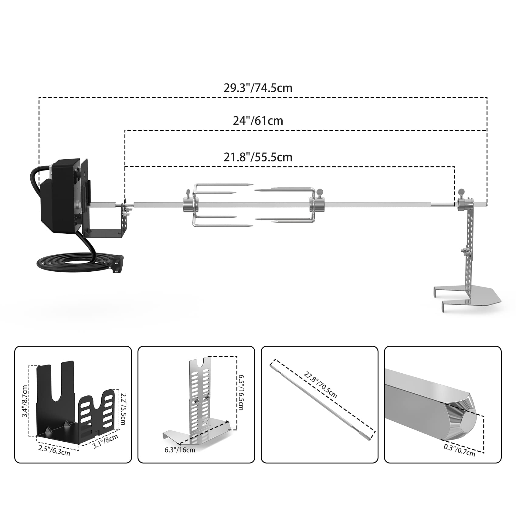 Kit de asador universal para barbacoa para la mayoría de las parrillas de gas, incluye motor eléctrico de 110 V 4 W, tenedores de carne de 4 puntas y barra de asador cuadrada de 28 pulgadas 2