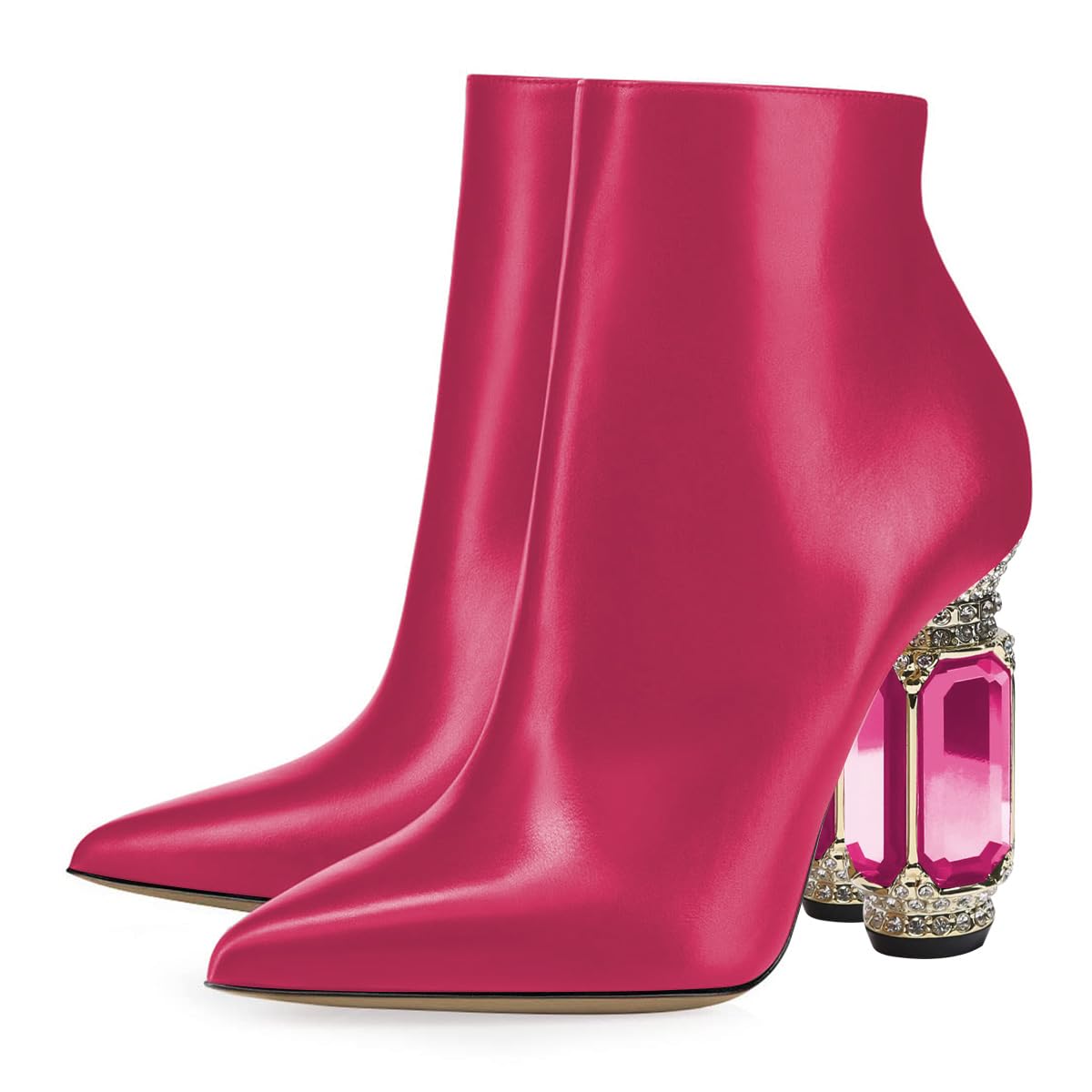 FSJ Women Chic Pointed Toe Crystal Chunky Block High Heel Ankle Boots Glossy Side Zipper Casual Daily Fashion