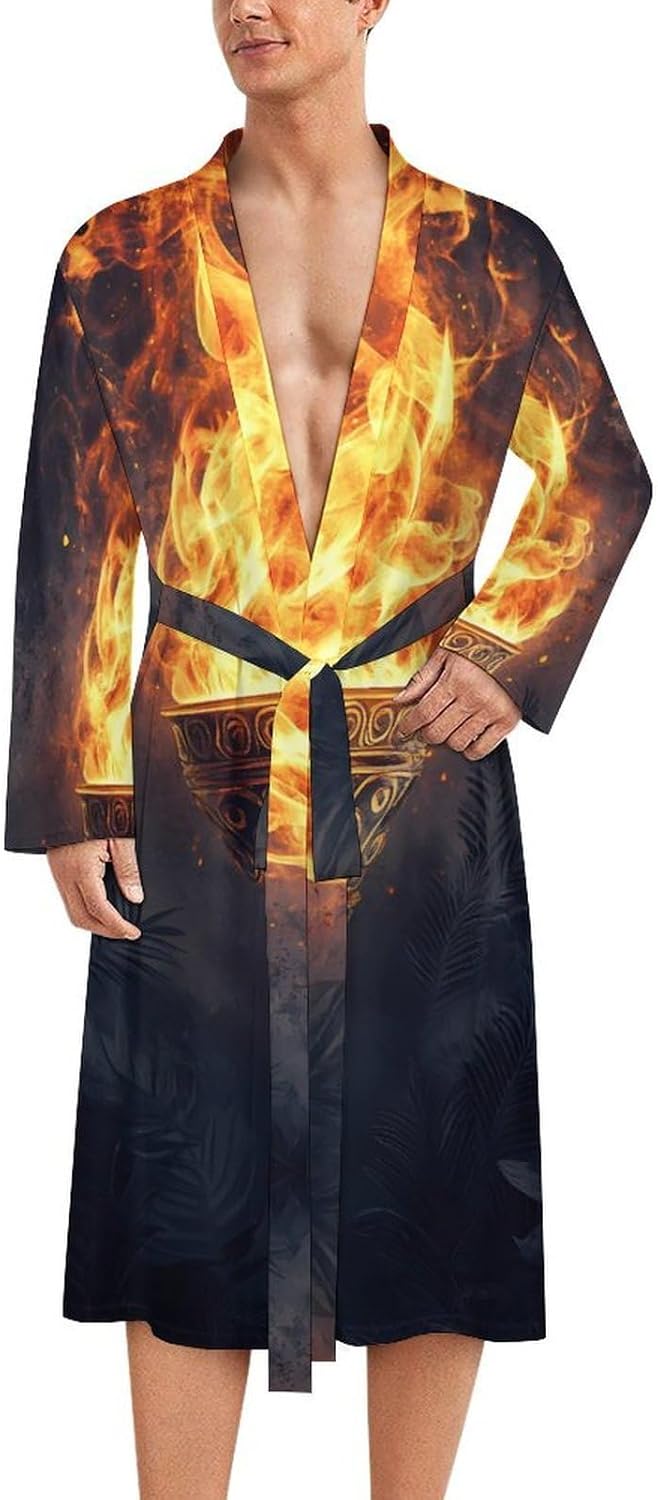 Fiery Flame Men's Robe Soft Bathrobe V Neck Loungewear Sleepwear Nightgown Dressing Gown