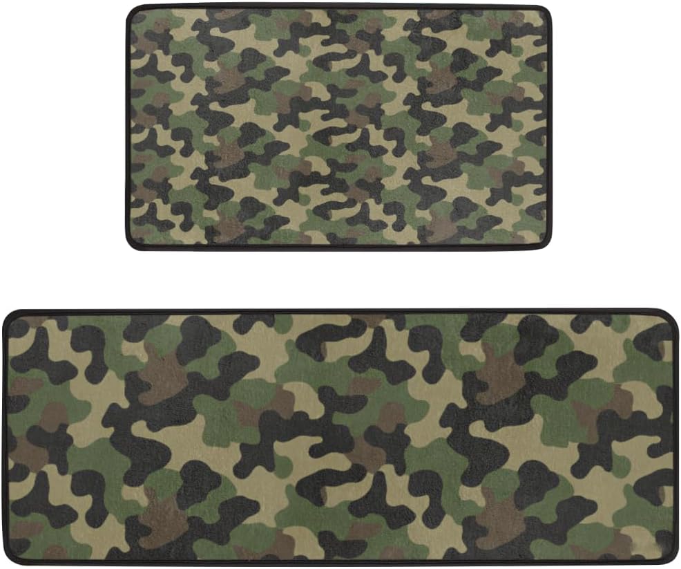 Anti Fatigue Brown Camo Kitchen Mats for Floor 2 Piece Set, Waterproof Non Slip Boho Kitchen Floor Rugs, Comfort Standing Mat for Sink Laundry & Home Kitchen 17"x47"+17"x29"