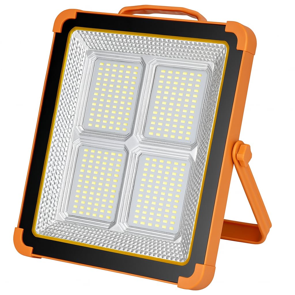 Fitto Rechargeable LED Work Light with Solar Panel, Portable Outdoor Floodlight with USB Charging & Waterproof Design, Adjustable Brightness for Camping, Emergency, Garage, and Job Site Lighting