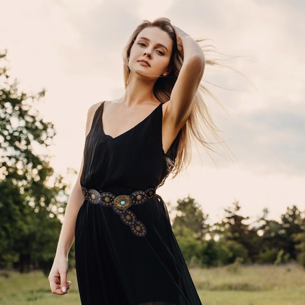 MAYJOYDIY Cinturón ancho de piel sintética para mujer, cinturón de disco bohemio ajustable turquesa para vestido de vaquera, jeans, viajes, fiesta de cumpleaños