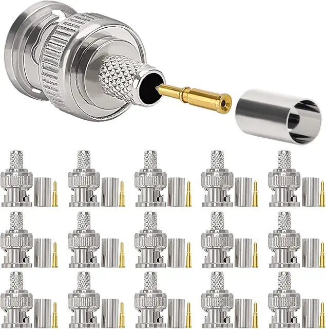 Imagen relacionada con KUOQIY 15 Piezas Conector BNC Macho de Crimpado para Cable Coaxial RG59, RG8, BNC Macho Adaptador Recto Engarzado, para Conexión de Cámara CCTV, Incluye Conector, Pin, Férula