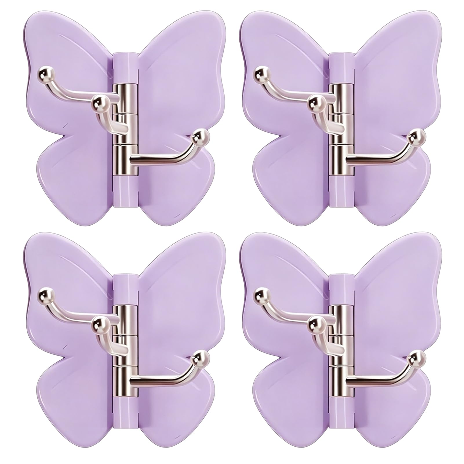 Zentriva 4PCS Butterfly Rotating Adhesive Hook, with 3 Swivel No Drill Wall, Space Saving Adhesive Hook for Bathroom Kitchen Bedroom Purple