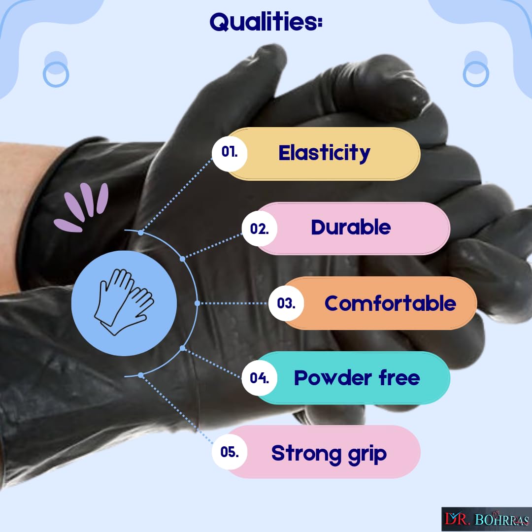 Dr. BOHRRAS Disposable Black Nitrile Examination Gloves 100 pcs Powder Free for Hospital Tatoo Food Salon (Large) 1
