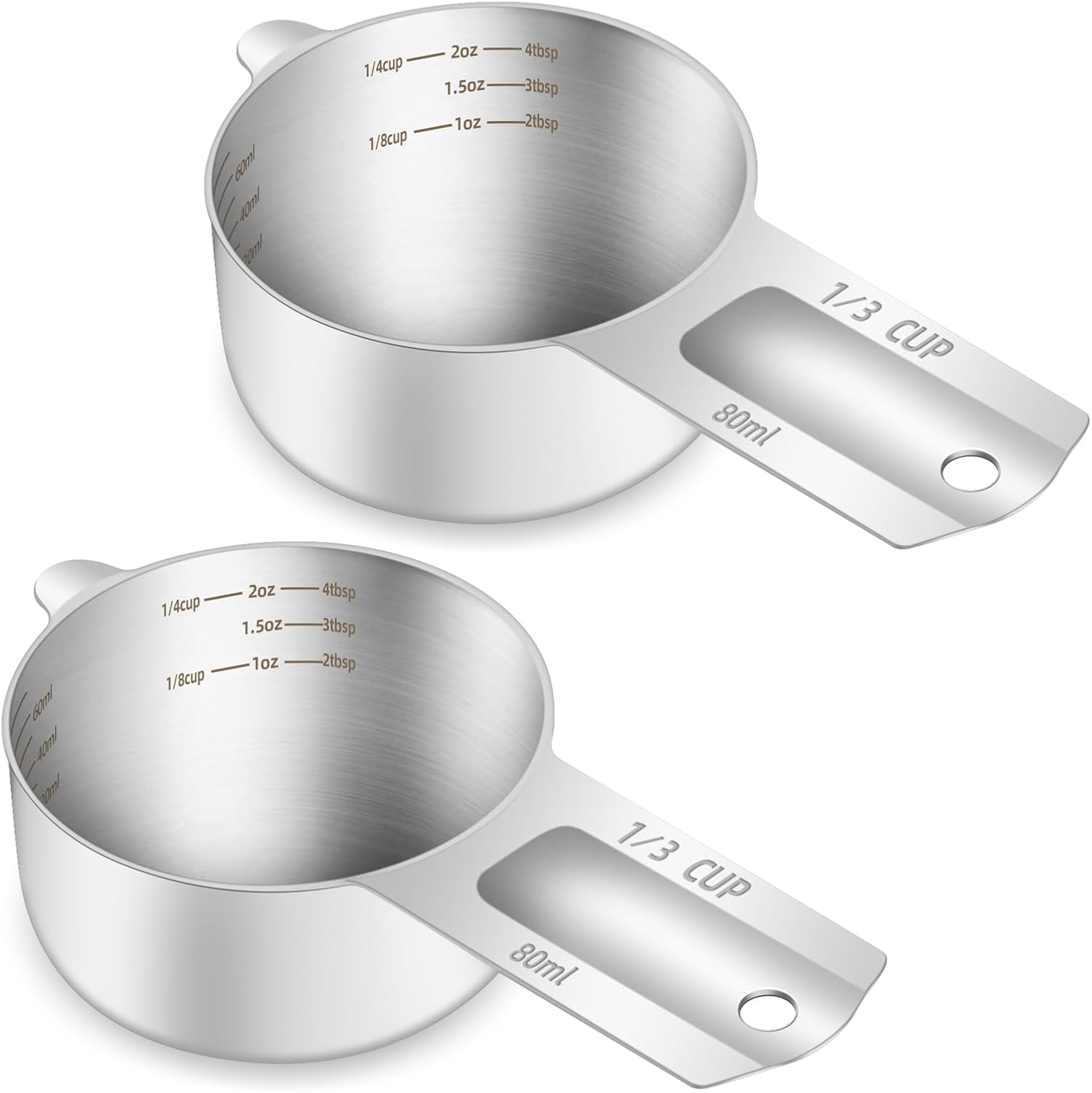 2PCS 1/3Cup (80ml, 2.6oz) Single Measuring Cup, Etched Inner Scale Stainless Steel Measure Scoop, Metric and US Measurement, Dishwasher Safe 1/3Cup 2