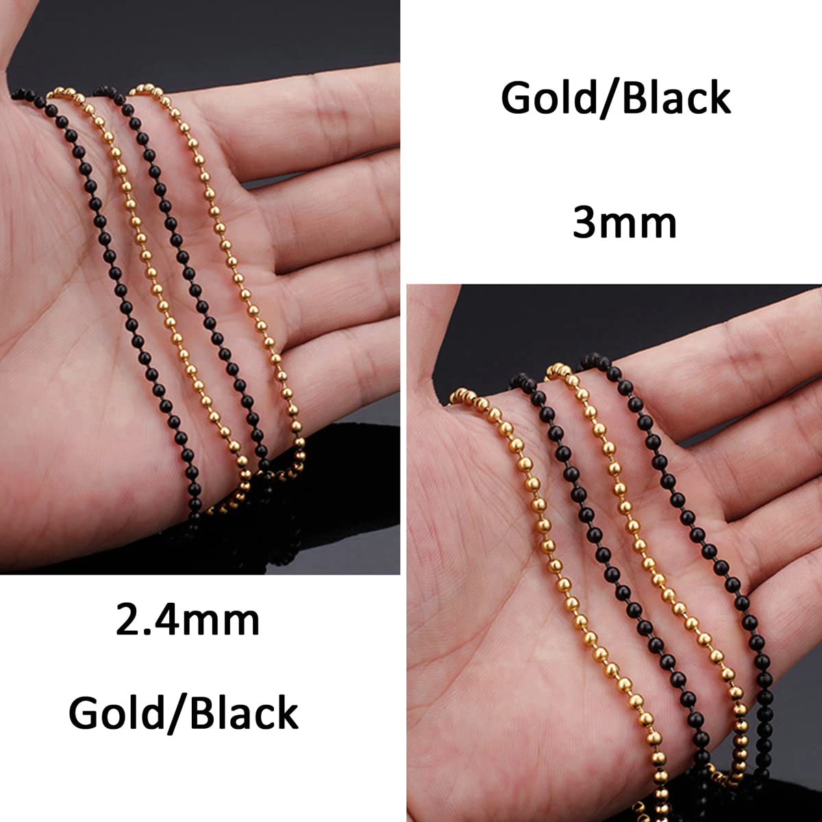 Bola de Cuentas de Acero Inoxidable, Collar de Enlace de Cadena Negra para Mujeres 45cm-76 cm