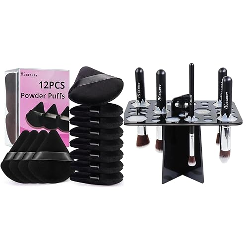 BEAKEY Plegable acrílico maquillaje cepillo titular 12pcs soplos de polvo para polvo cara triángulo