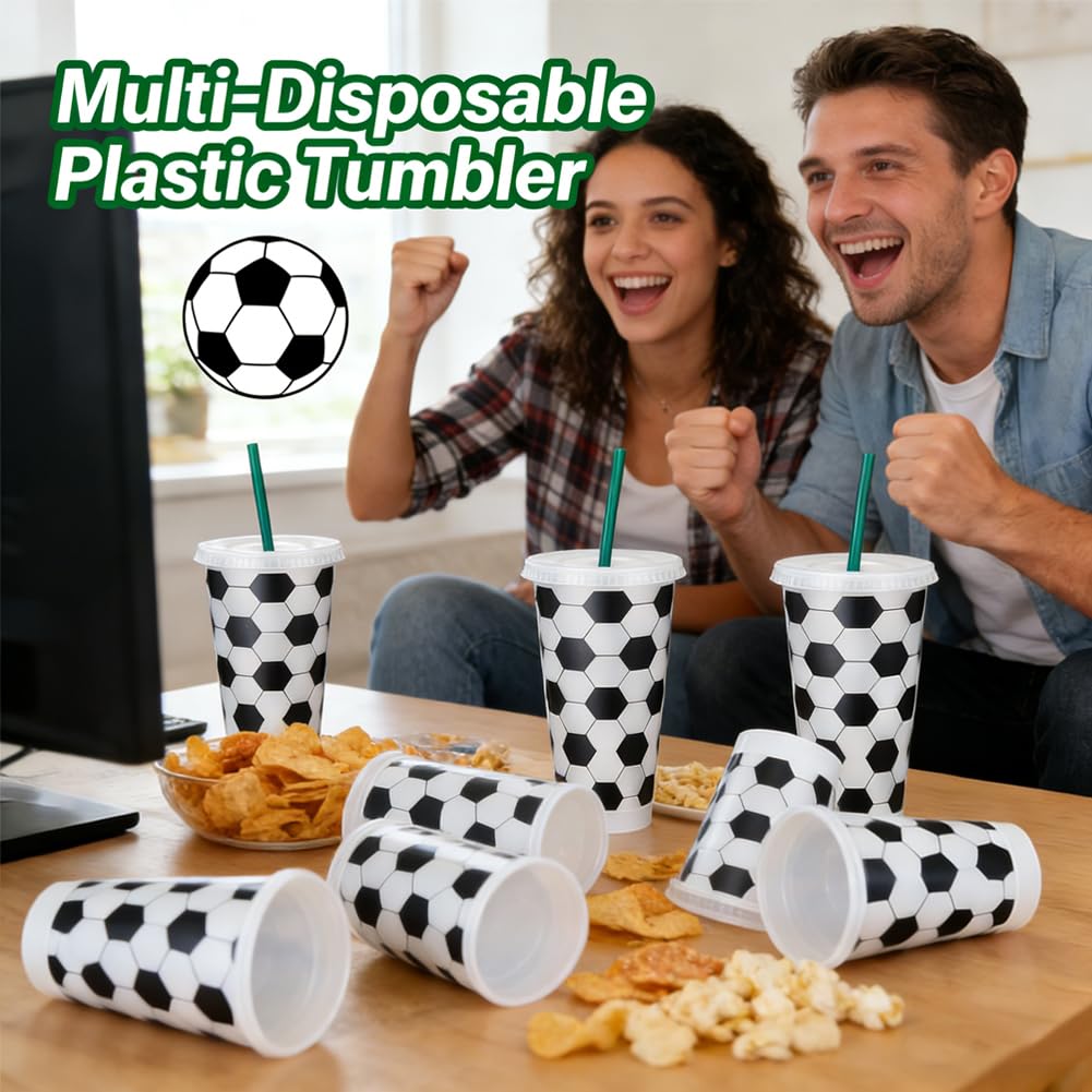 Set di 12 Bicchieri di Plastica a Tema Calcio 710ml con Coperchio e Cannuccia, Tumbler Riutilizzabile per Feste Compleanno, Decorazione per Party Sportivi, per Bambini e Adulti (Cannuccia Verde)