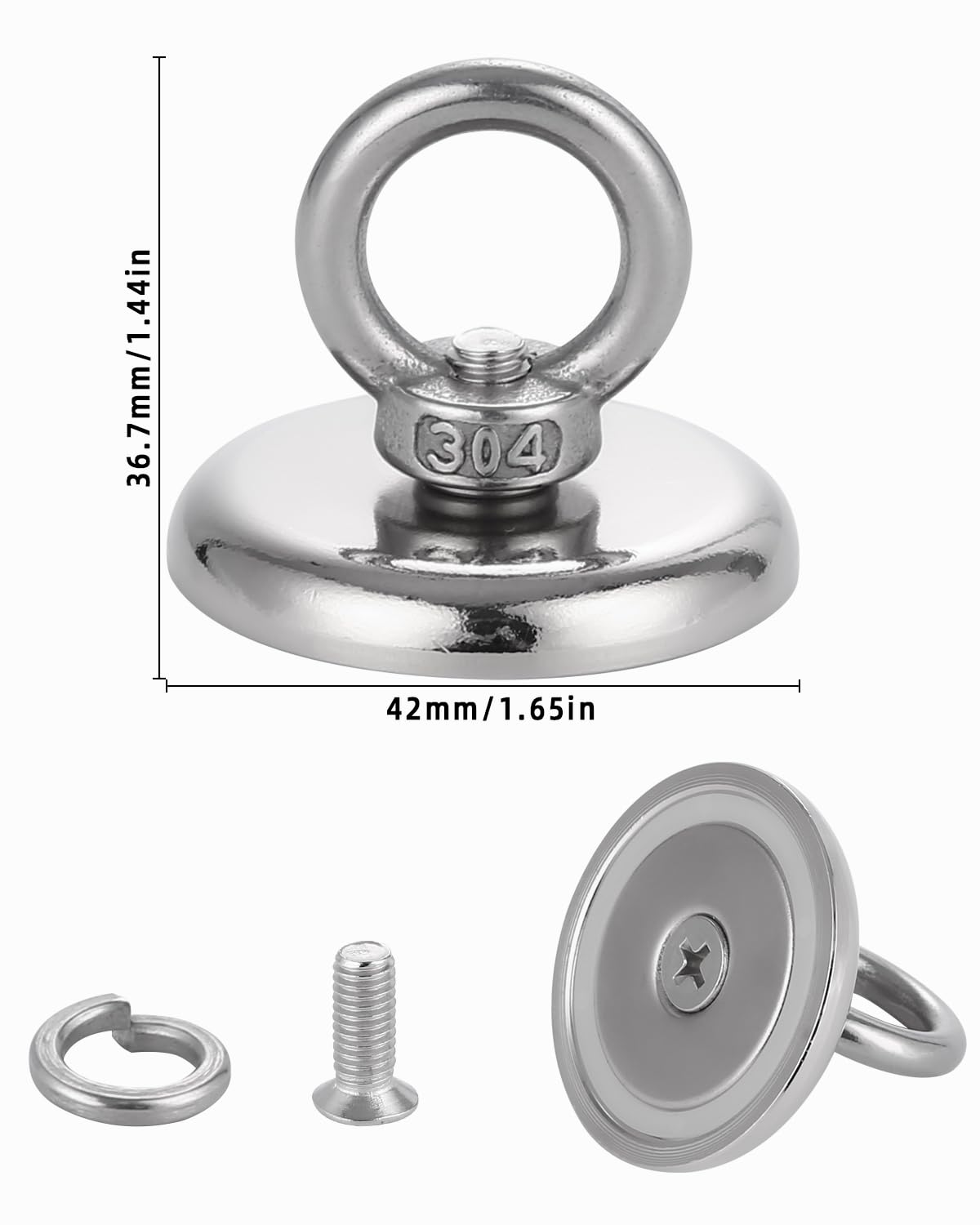 Imán de neodimio 50kg 42mm con perno de ojo de elevación para pesca magnética, 4 piezas