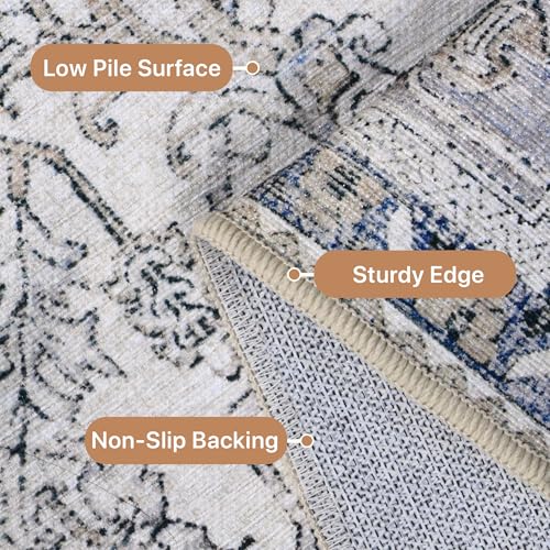 GENIMO 10x14 Area Rugs for Living Room, Machine Washable Non Slip Vintage Retro Rugs, Low Pile Lightweight Thin Print Rug for Bedroom, Dining Room, Home Office, Khaki Blue