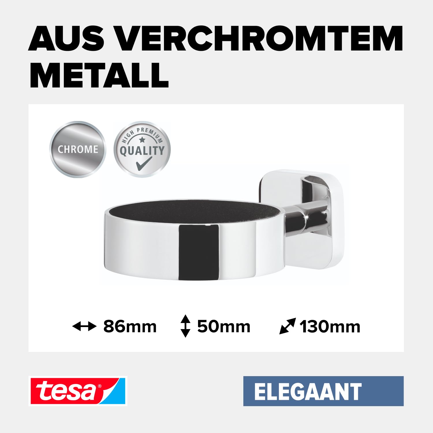 tesa ELEGAANT Fönhalter verchromt, edles Design, Metall, inkl. Klebelösung, starker Halt, 85mm x 50mm x 130mm