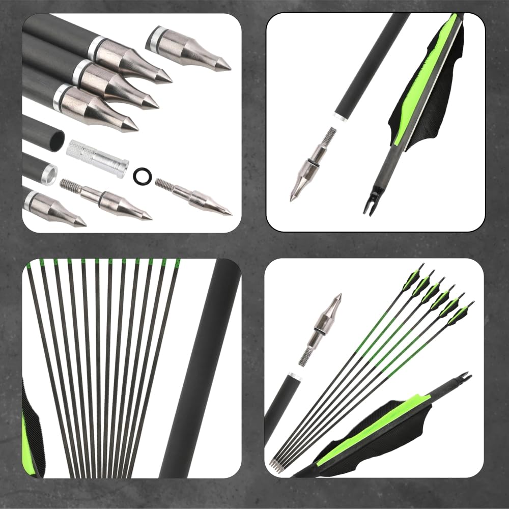 Lot de 6/12 flèches en Carbone Pur 80 cm, raideur 300 à 800 avec Plumes Naturelles, pour Arc Classique et Arc à poulies, Chasse et entraînement sur Cible