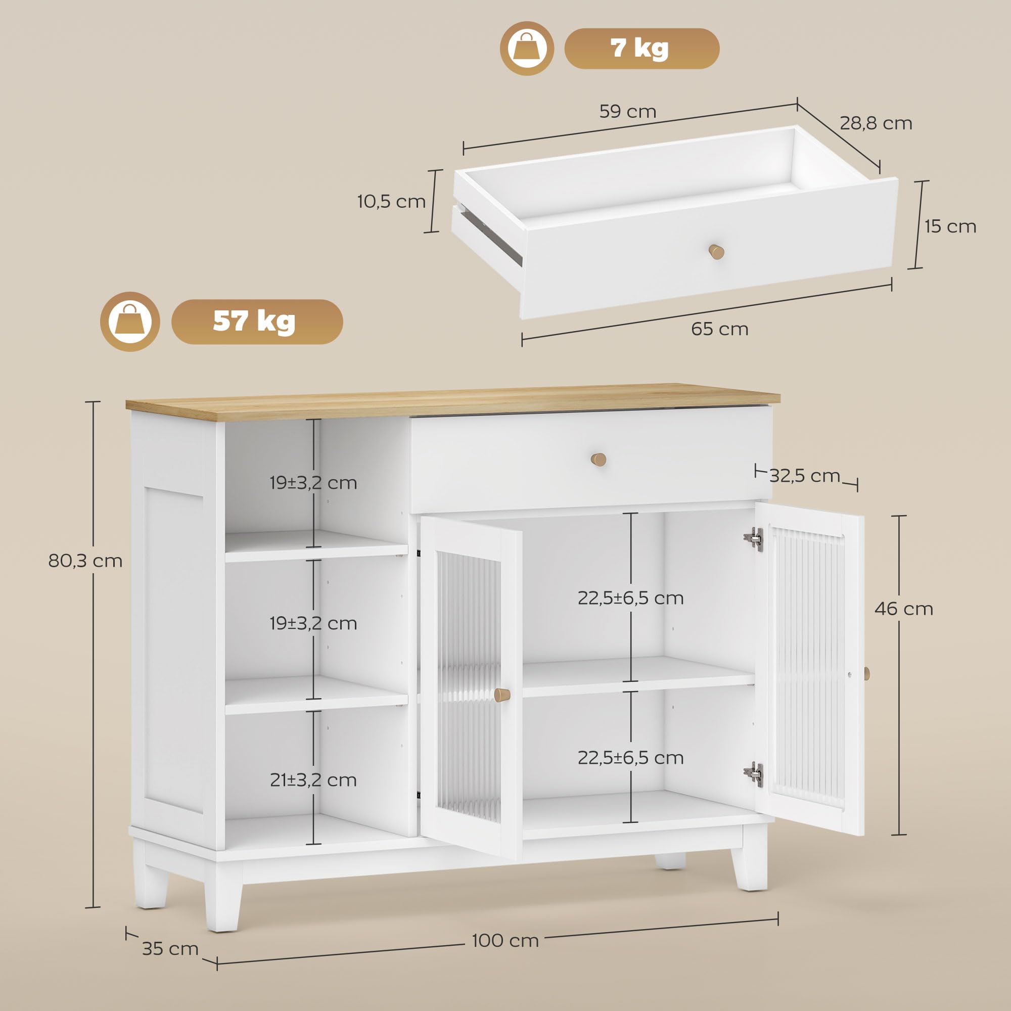 HOMCOM Aparador para Salón Moderno 2 Puertas Vidrio 100x35x80,3 cm Blanco | Vidrio Estriado, Cajón, Compartimentos Abiertos, Estantes Regulables, Aparador para Comedor y Entrada