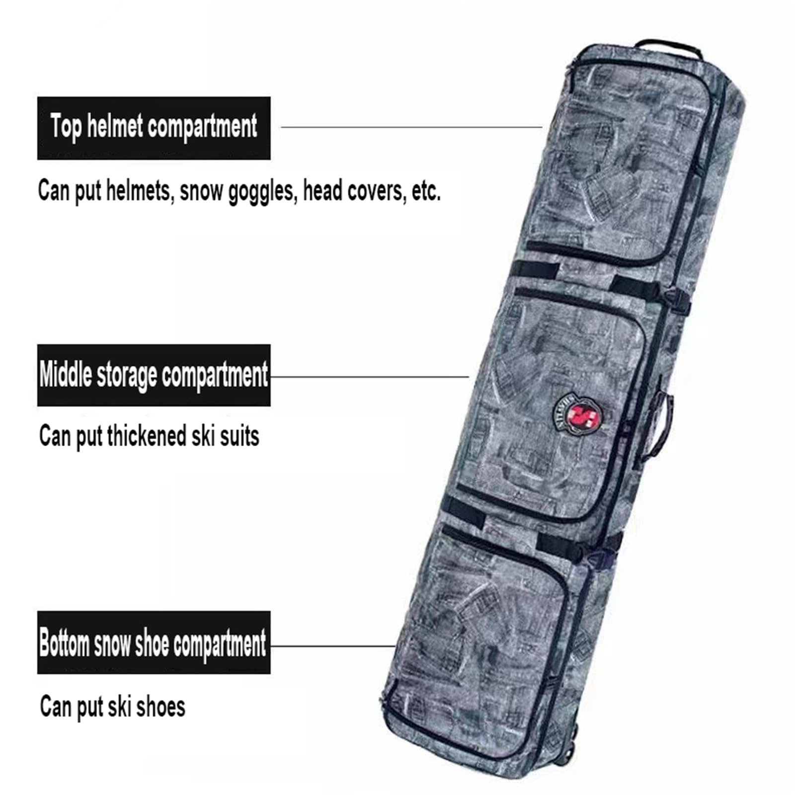 Sac de Snowboard rembourré à roulettes Sac à Skis à roulettes Double Sac à Skis Pliable à roulettes Sac de Voyage pour Snowboard Simple et Chaussures de Snowboard, Casque