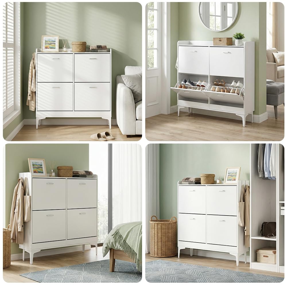 EGGREE Zapatero Estrecho con 4 Puertas Abatibles y Estantes Regulables, Mueble de Almacenamiento Blanco para Entrada, Salón, Dormitorio,105x24x102 cm
