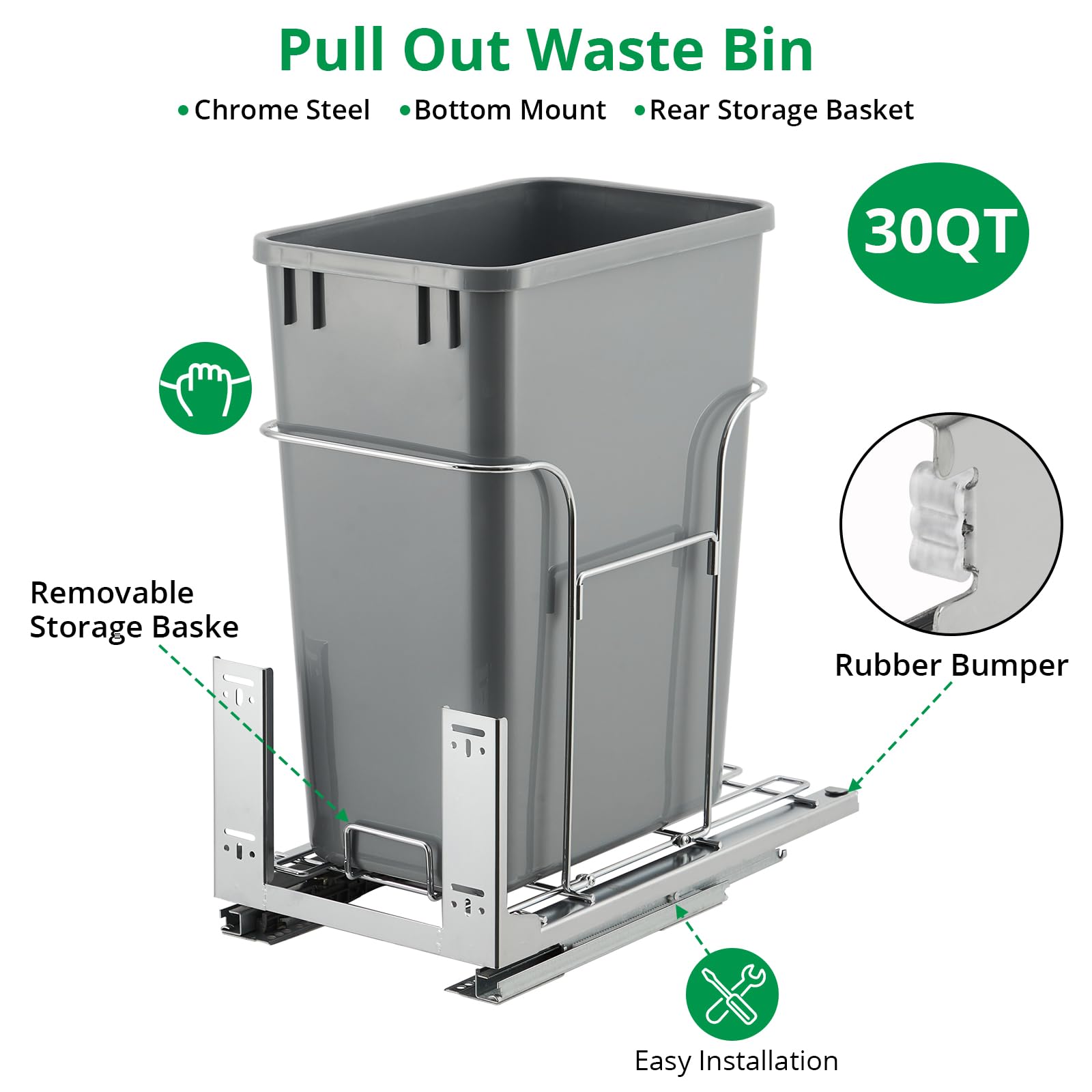 Poubelle coulissante sous meuble cuisine – Acier inoxydable gris, fermeture douce, capacité 30QT/45kg, bac à déchets et recyclage, glissières à extension totale, gain de place – Taille : 25,
