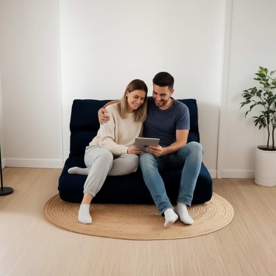 Futon Casal Sofá Cama Dobrável 128x188cm Cor Azul Profundo, Espuma Hiper Soft, Capa Removível e Lavável em Suede – Confort Linens