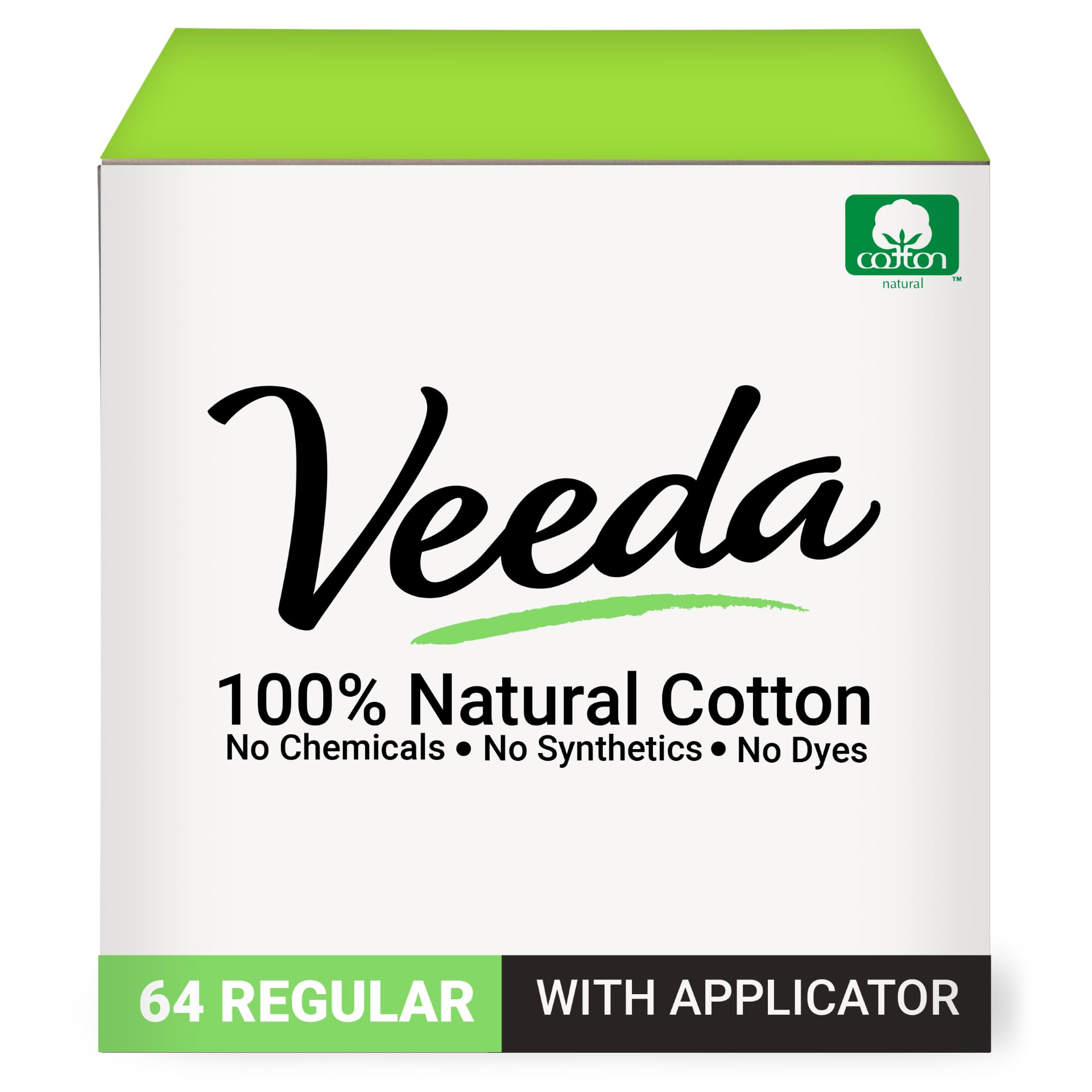 Veeda 100% Natural Cotton Tampons - Regular Absorbency with leak proof protection - Compact BPA-Free Applicator - Unscented & Free from Chlorine, Toxin - 64 Count