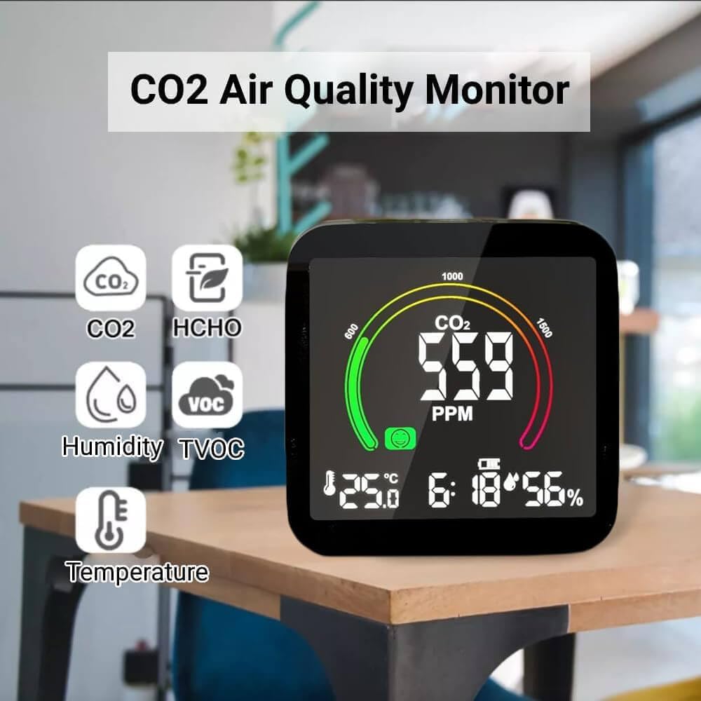 Medidor CO2 Detector CO2 Gas, 5 en 1 Detector de CO2 con Pantalla LED Medidor de Humedad y Temperatura TVOC HCHO Dormitorio Oficina Coche focombance1