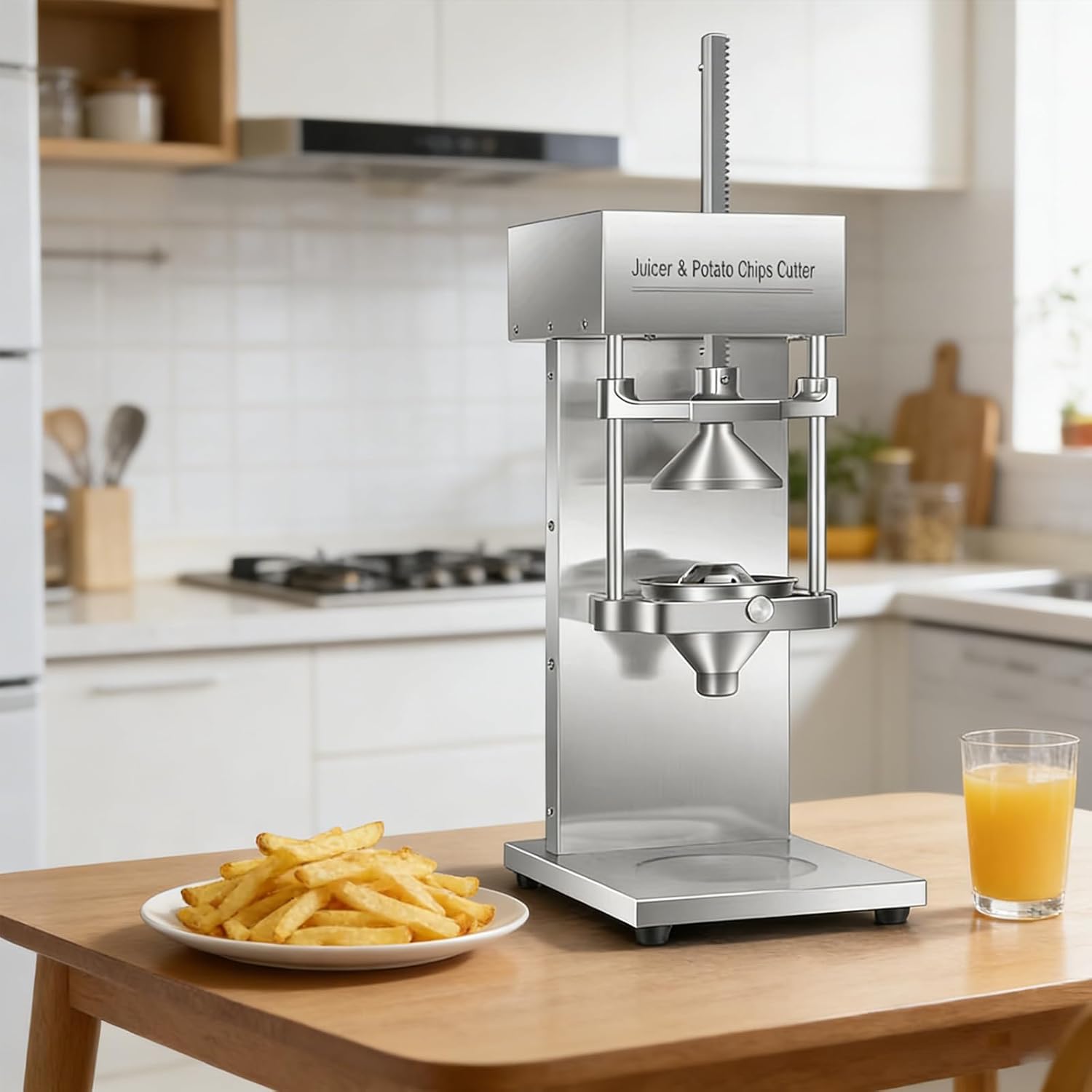 Electric 2 in 1 Commercial French Fry Cutter & Juicer, Heavy Duty 304 Stainless Steel with 3 Interchangeable Blades, Vegetable Chopper & Citrus Juicer