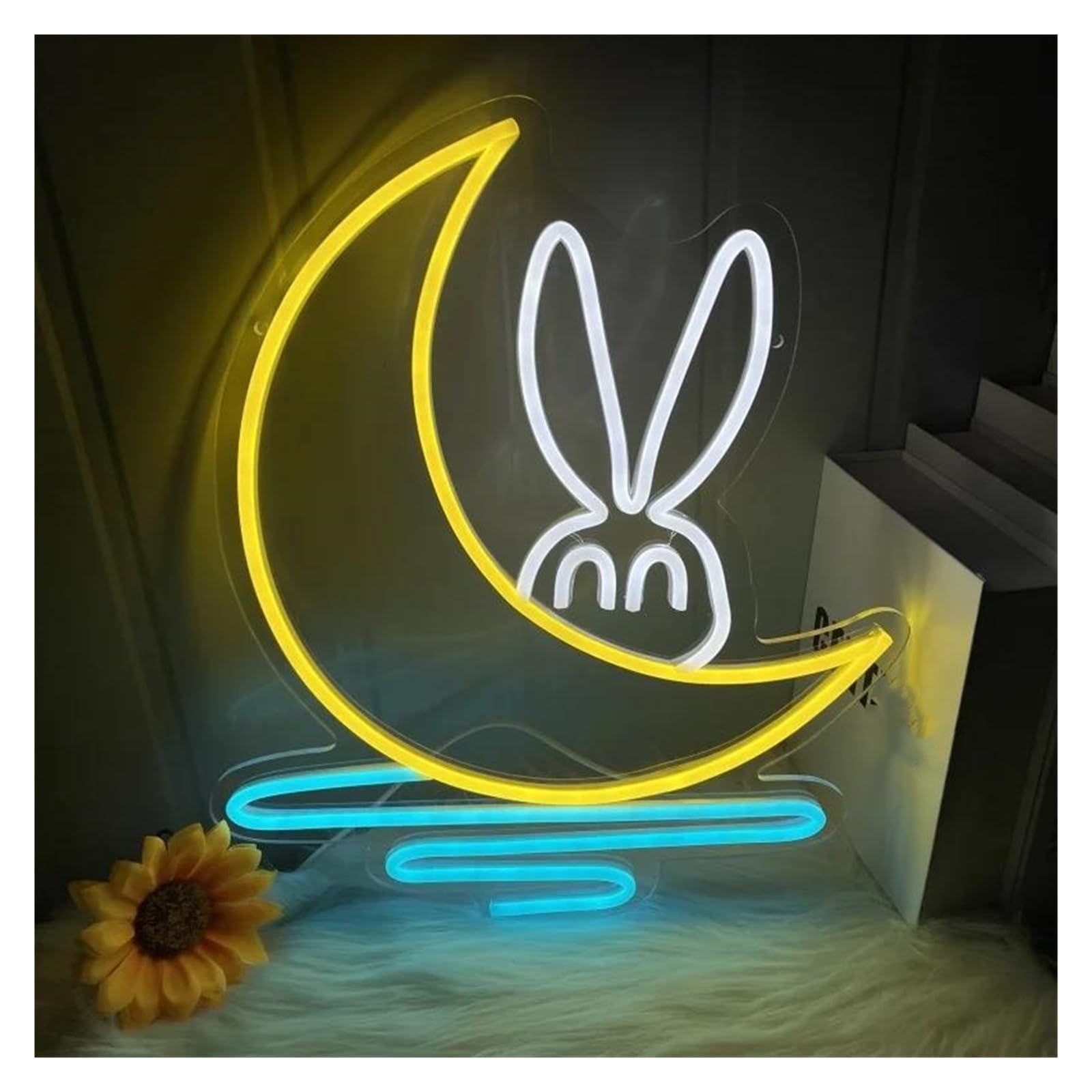 LEMST Sign Lamp Rabbit Moon Neon Light, Suitable for Bedrooms, Living Rooms and Other Warm Spaces, USB Power Supply, Dimmable 40.4x34.6cm