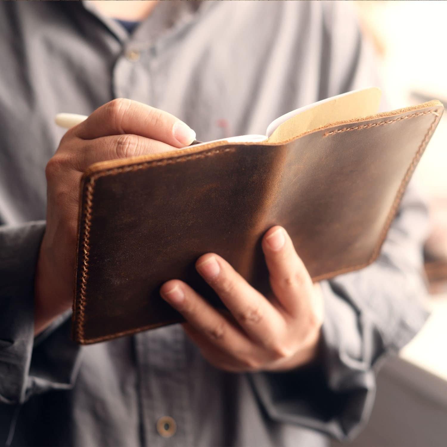 Leather Journal Cover for Field Notes/Moleskine Cahier Pocket size 3.5" x 5.5" with pen holder Refillable Distressed Brown 308