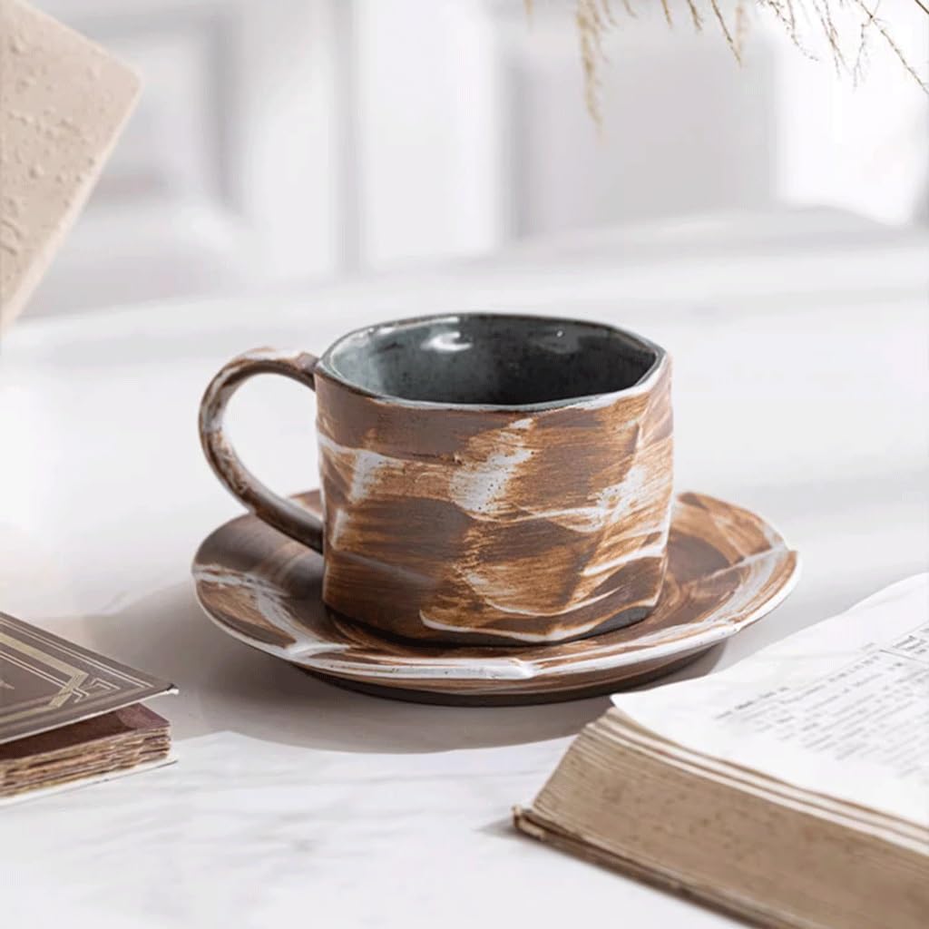 ENGENDER Tazas Cafe Taza De Café Hecha A Mano Gres, Creativa Té La Tarde Y Platillo Cerámica Mug Cups(3)