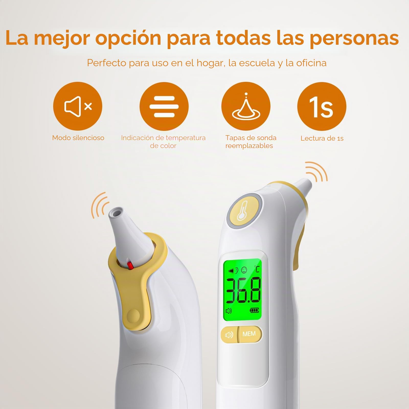Termómetro de oído, termómetro digital infrarrojo para bebé y adulto, con 24 tapas protectoras desechables (amarillo)