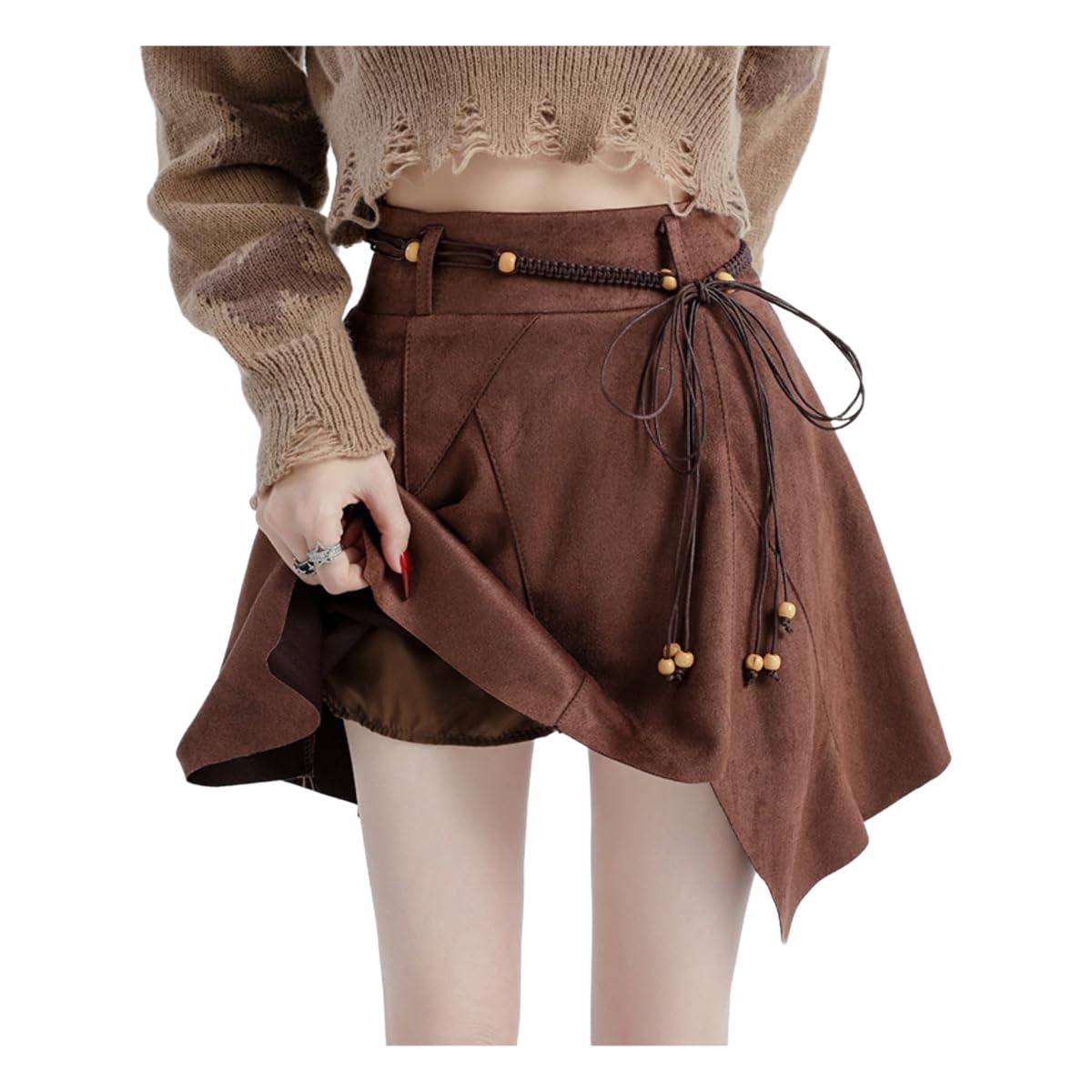 Mini jupe short en daim marron XL asymétrique style rétro Y2K
