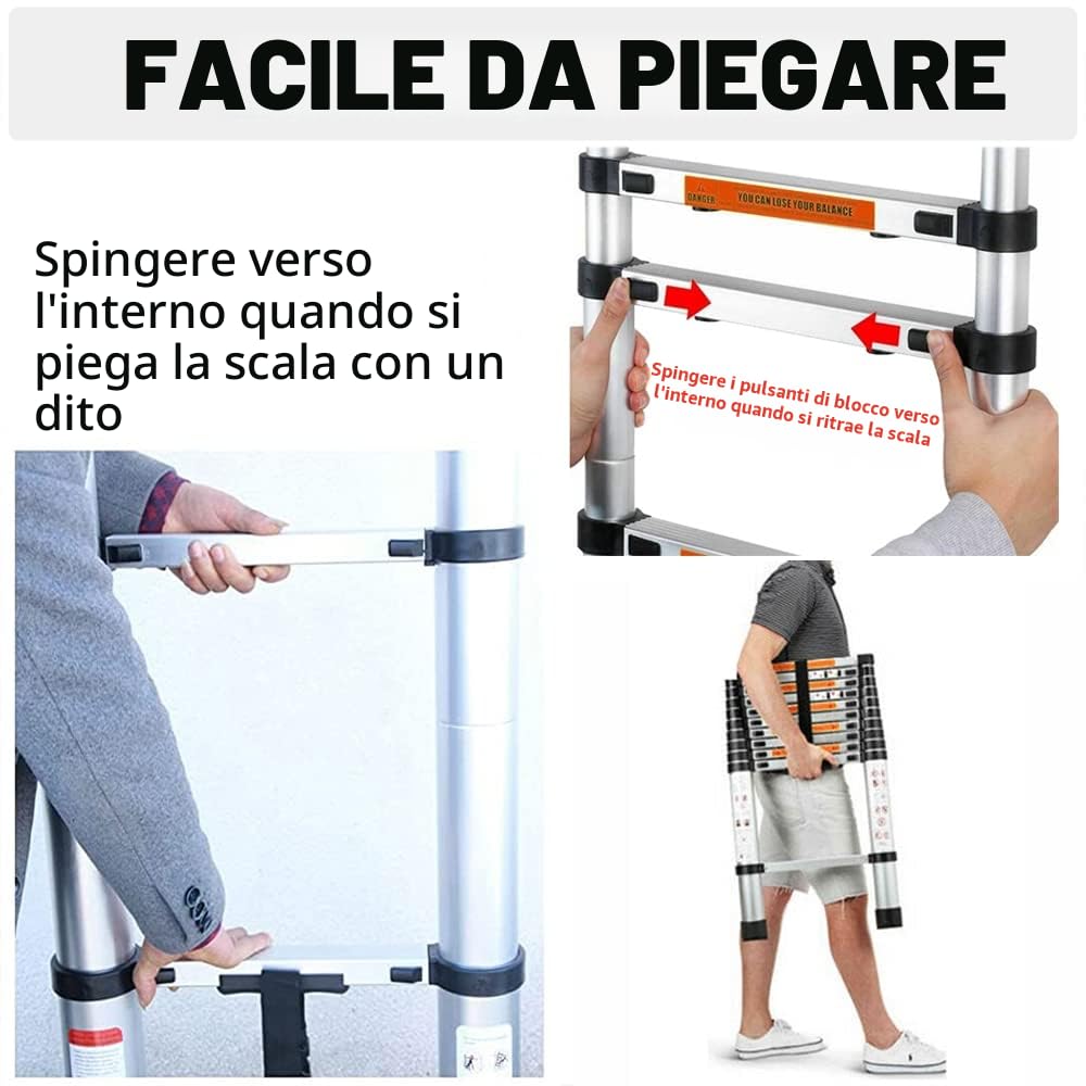 Scala telescopica in acciaio inox Rigogo, da 2,6 m, antiscivolo, da appoggio, con 9 pioli, estensibile, portatile per interni ed esterni, portata 150 kg