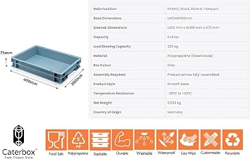 Plastic Stacking EURO Storage Container, 6L, 400 x 300 x 75mm, Heavy-Duty, Grey (Box with Lid)