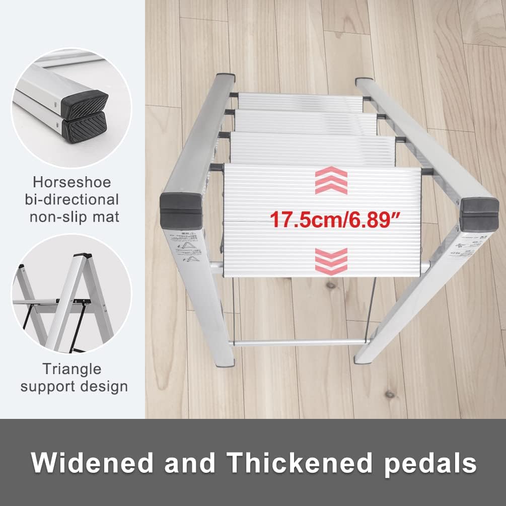 BAOYOUNI 4 Step Ladder Lightweight Folding Aluminum Step Stool Heavy Duty Stepladders 298lbs with Anti-Slip Wide Pedal for Household, Office, Garage, Garden, Painting - Silver (4-Step) - Image 4