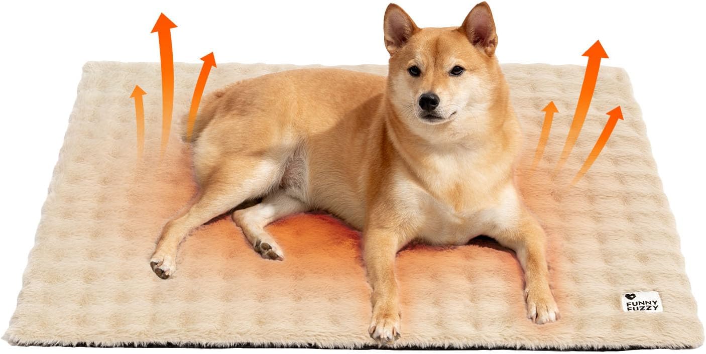 FUNNY FUZZY Self Warming Cat Bed, Waterproof Self Heating Pad for Cats & Dogs, Cozy Plush Warm Pet Mat with Removable Washable Cover - ThermoPad, 31.5"×25", Khaki
