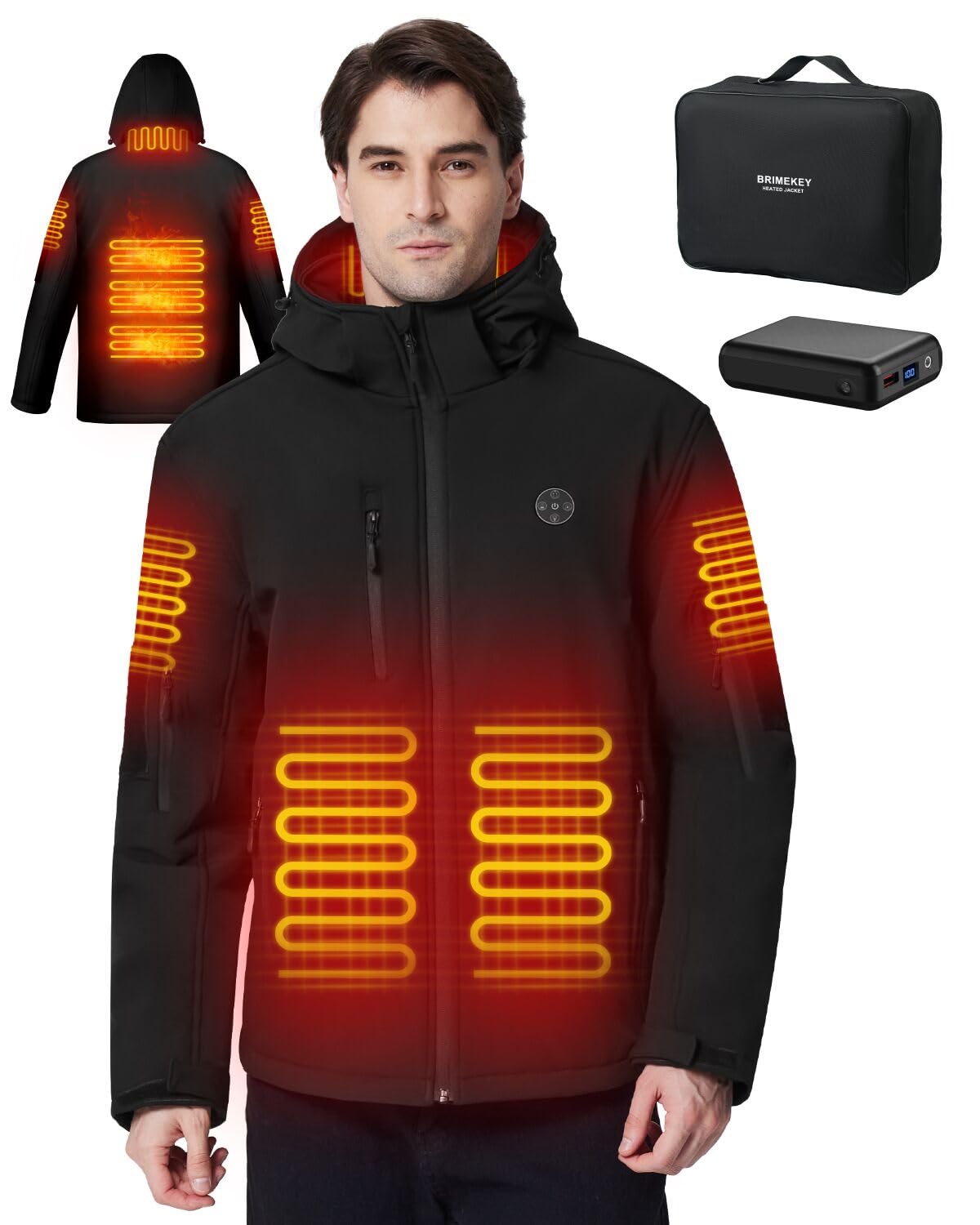 Veste Chauffante Homme, Doudoune Chauffante Électrique Batterie 7.4V 12000mAh, Imperméable Veste Chauffante avec Capuche Amovible pour la Pêche Extérieur Ski