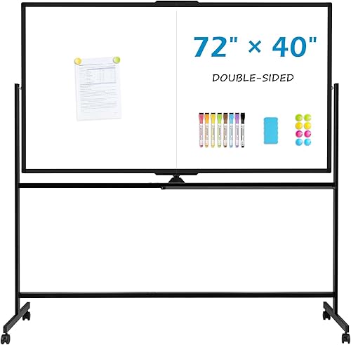 Pizarra blanca móvil de doble cara de 72 x 40 pulgadas con soporte, pizarra blanca grande de borrado en seco sobre ruedas para oficina, aula y hogar