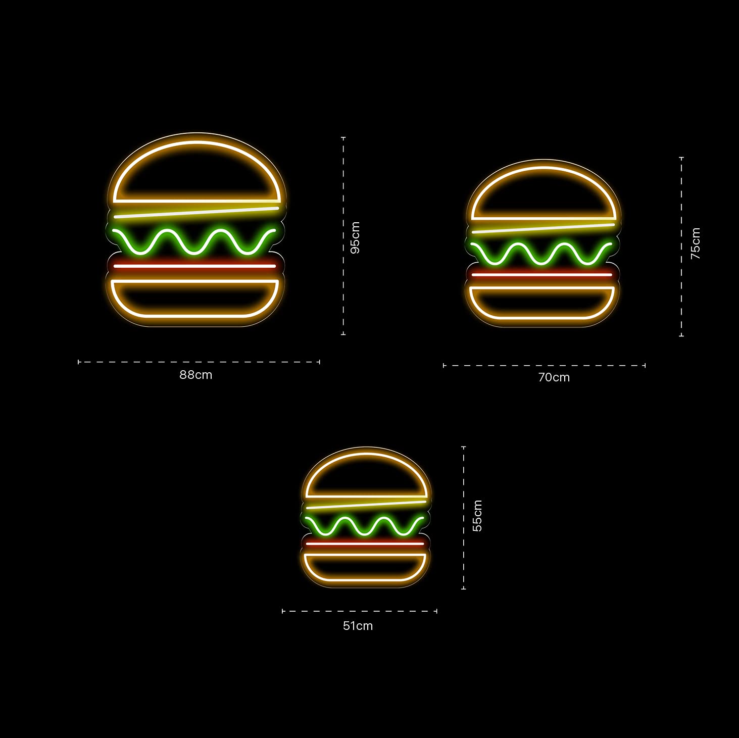 Neon Luces Pared Carteles Letrero Comida Restaurante Feliz -55cm - Personalizable - Multi modelos para elegir - Con Mando a la Distancia- Interior (Neón Hamburguesa Sencilla)
